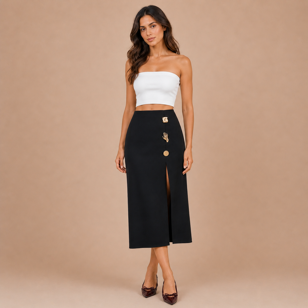 Esperanza – Midi skirt with structured line, front slit, and decorative buttons