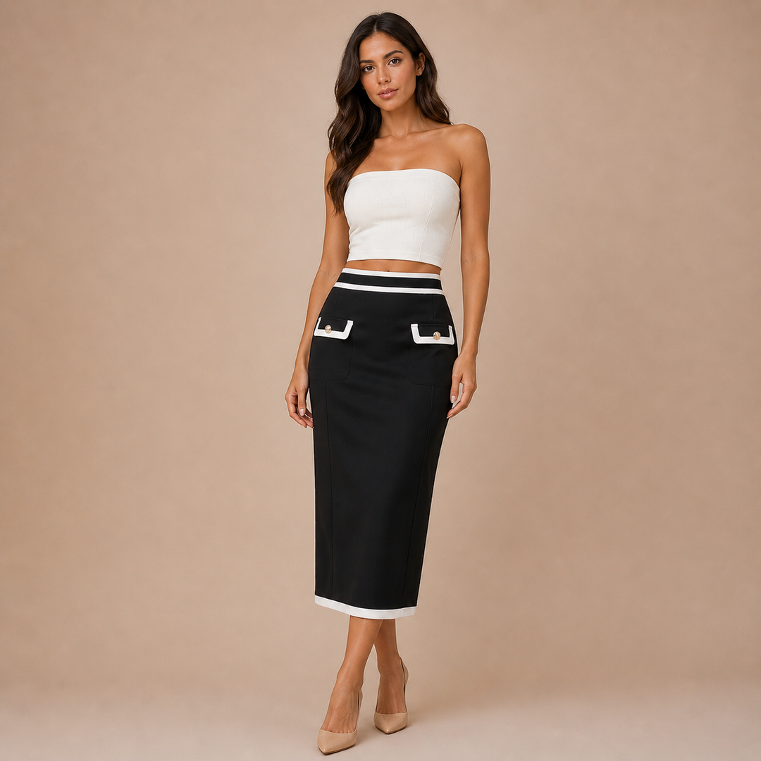 Leticia – Midi Skirt with Structured Design, Contrasting Details and Decorative Pockets