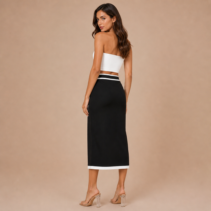 Leticia – Midi Skirt with Structured Design, Contrasting Details and Decorative Pockets