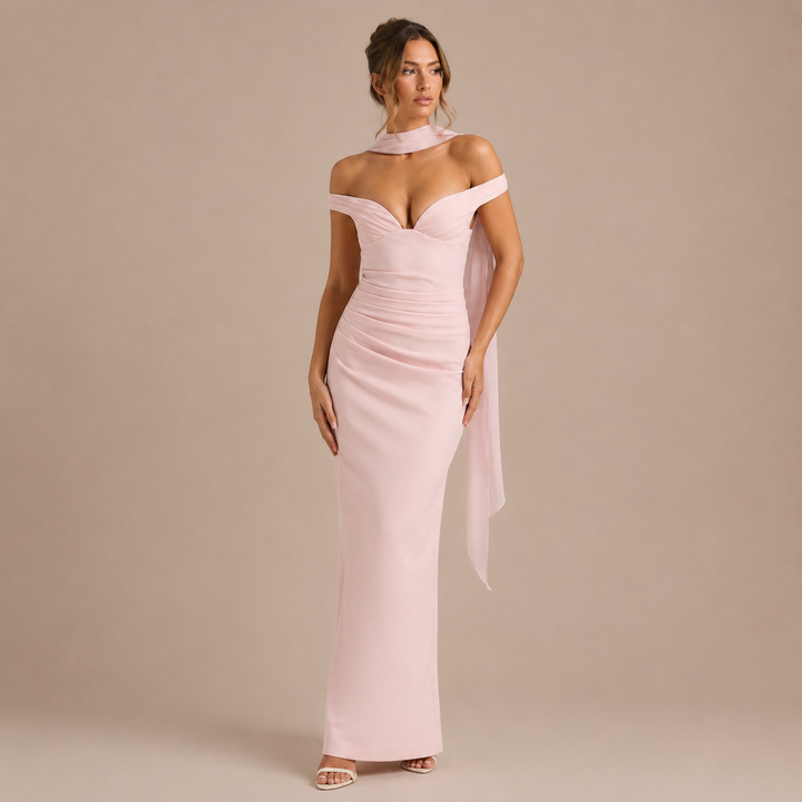 Yolanda - Long Dress with Off-the-Shoulder Design and V-Neckline