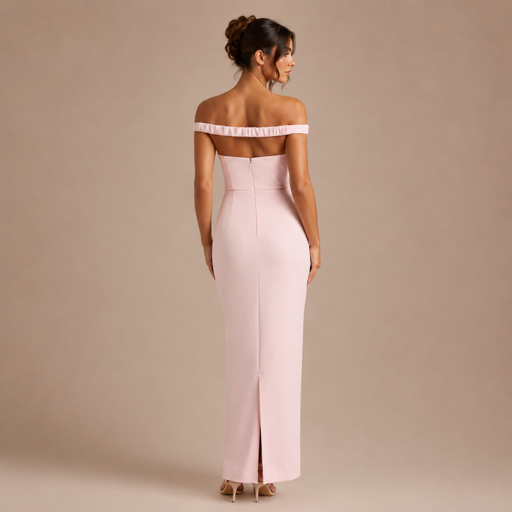 Yolanda - Long Dress with Off-the-Shoulder Design and V-Neckline