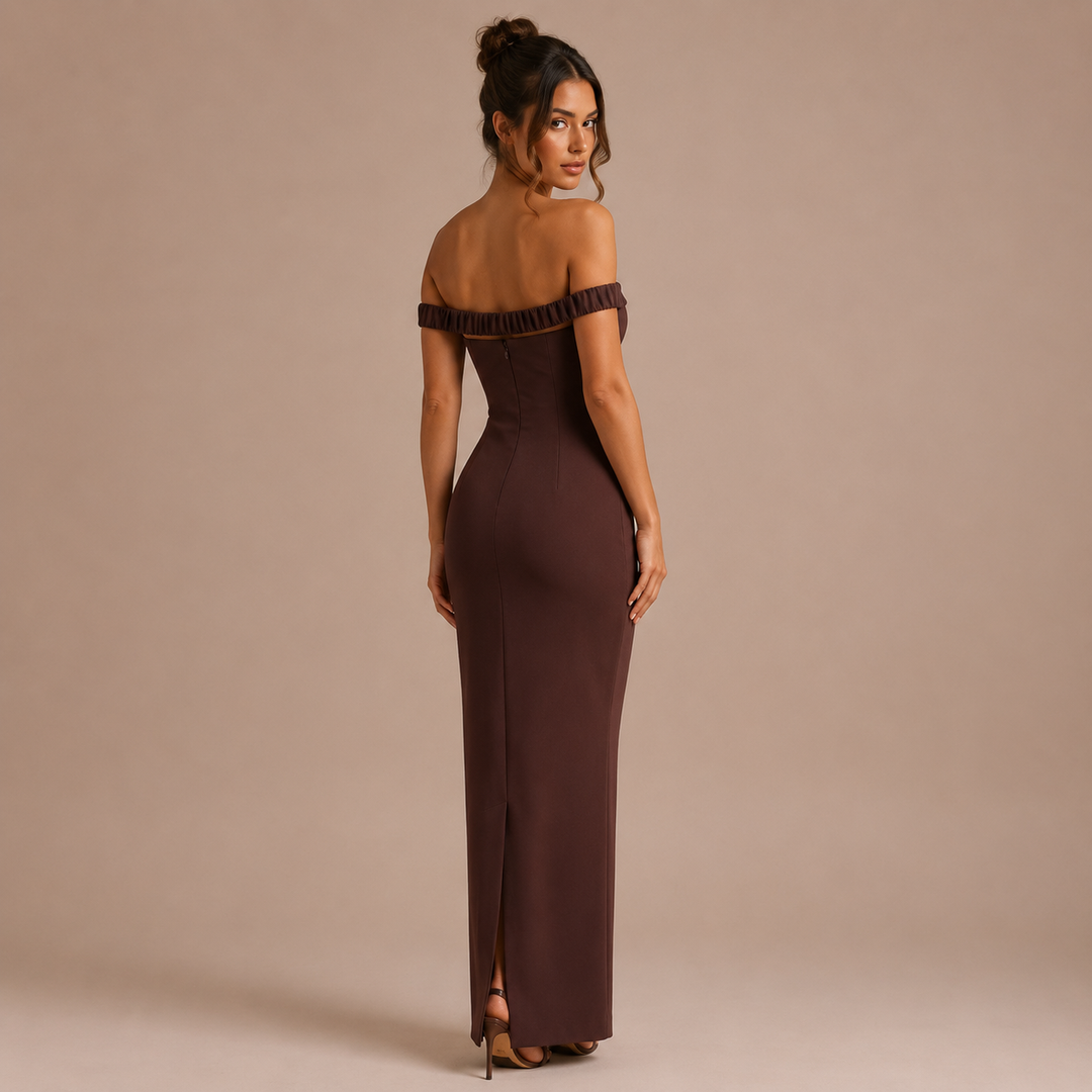 Yolanda - Long dress with off-the-shoulder design and V-neckline