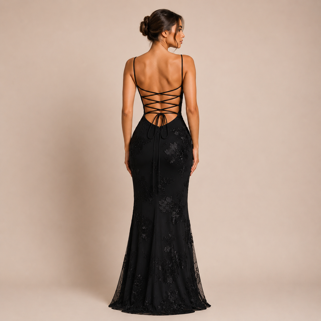 Rebecca - Long dress with corset and floral embroidery