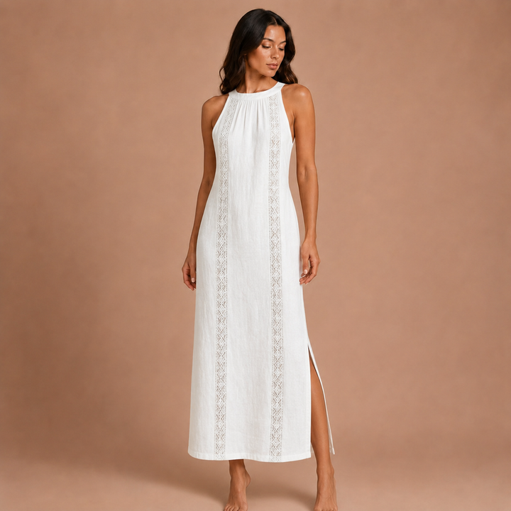 Jimena - Linen Midi Dress with Mao Collar