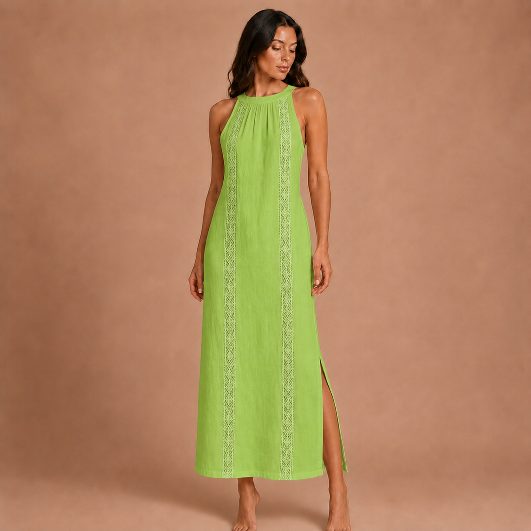 Jimena - Linen Midi Dress with Mao Collar