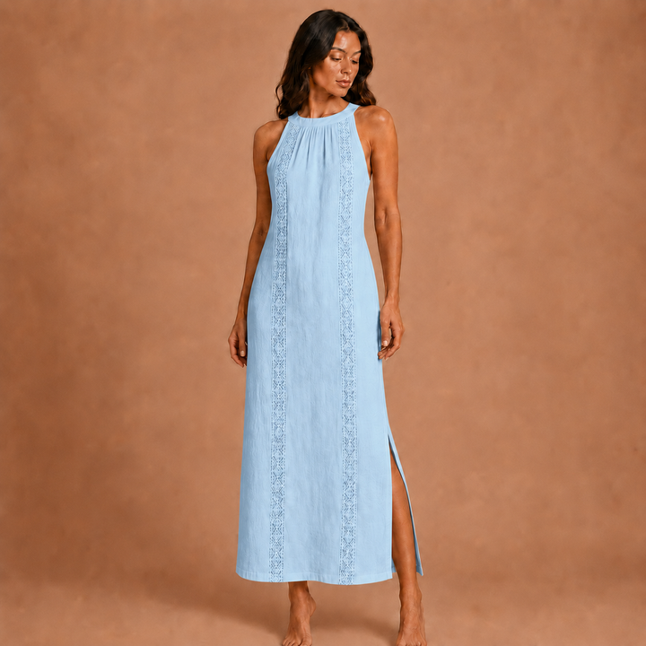 Jimena - Linen Midi Dress with Mao Collar