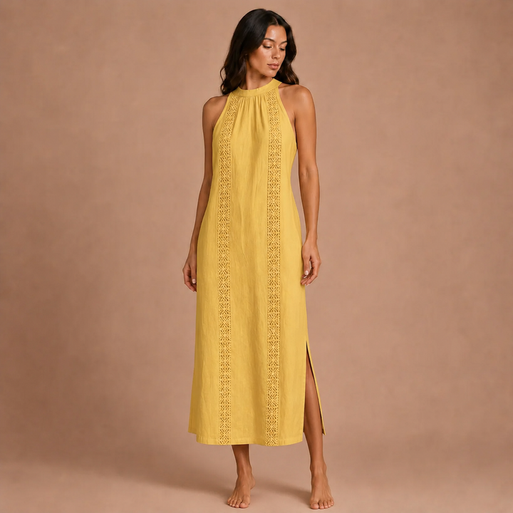 Jimena - Linen Midi Dress with Mao Collar
