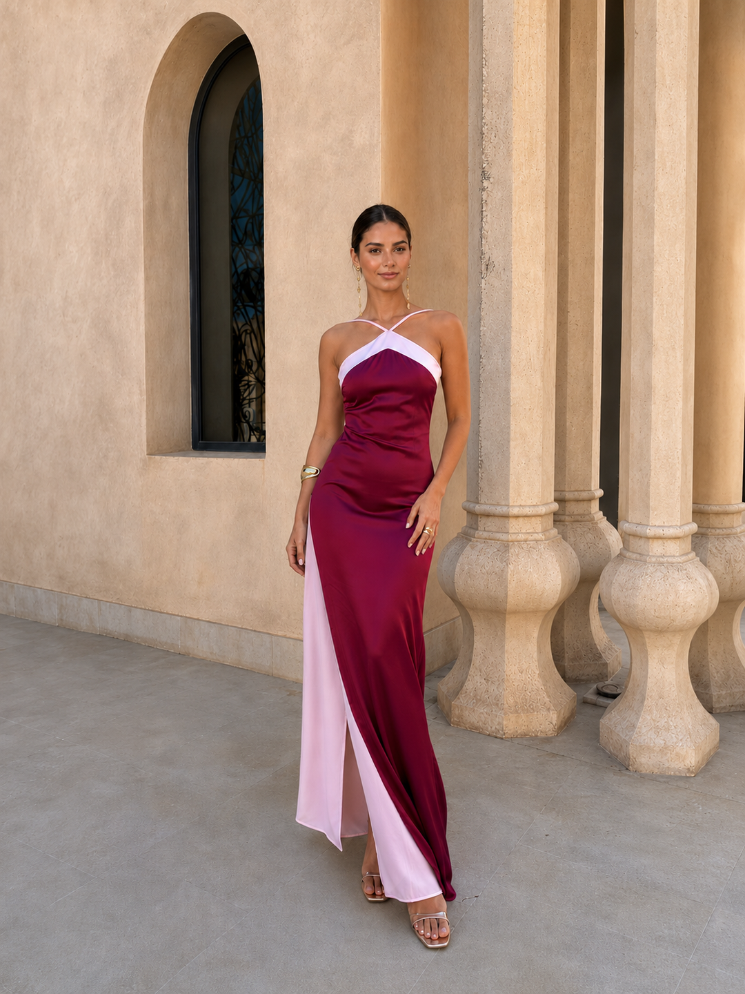 Sangres - Long Satin Dress with Crossed Neckline
