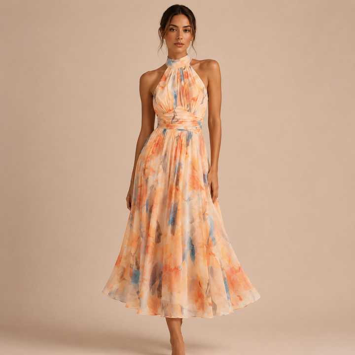 Catalina – Midi Floral Watercolour Dress with Open Back