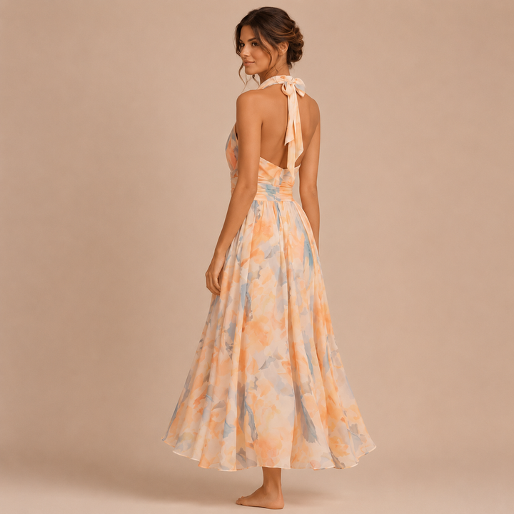 Catalina – Midi Floral Watercolour Dress with Open Back