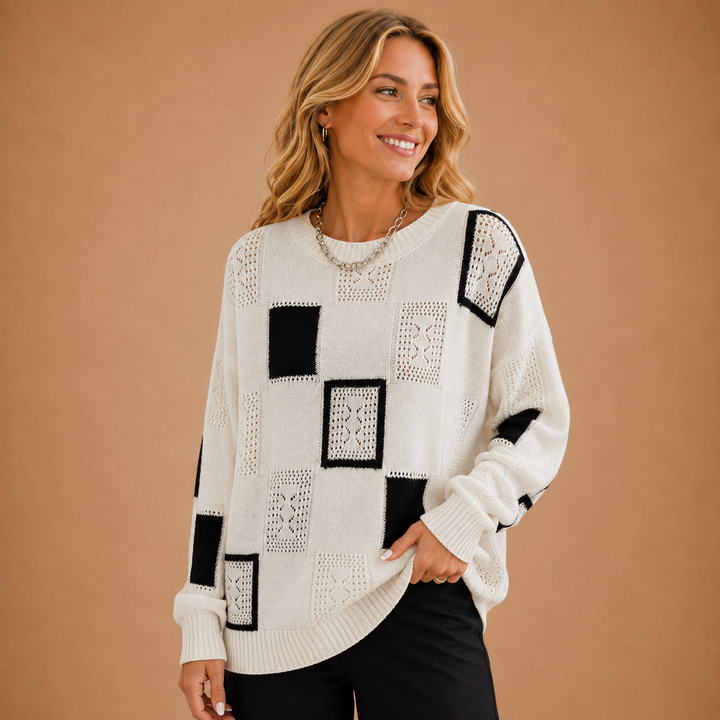 Katerina - Knitted Sweater with Check Pattern and Open Weave