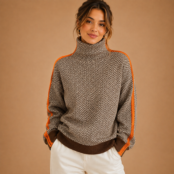 Aristoniki - Sweater with High Neck and Elegant Stripe Contrasts