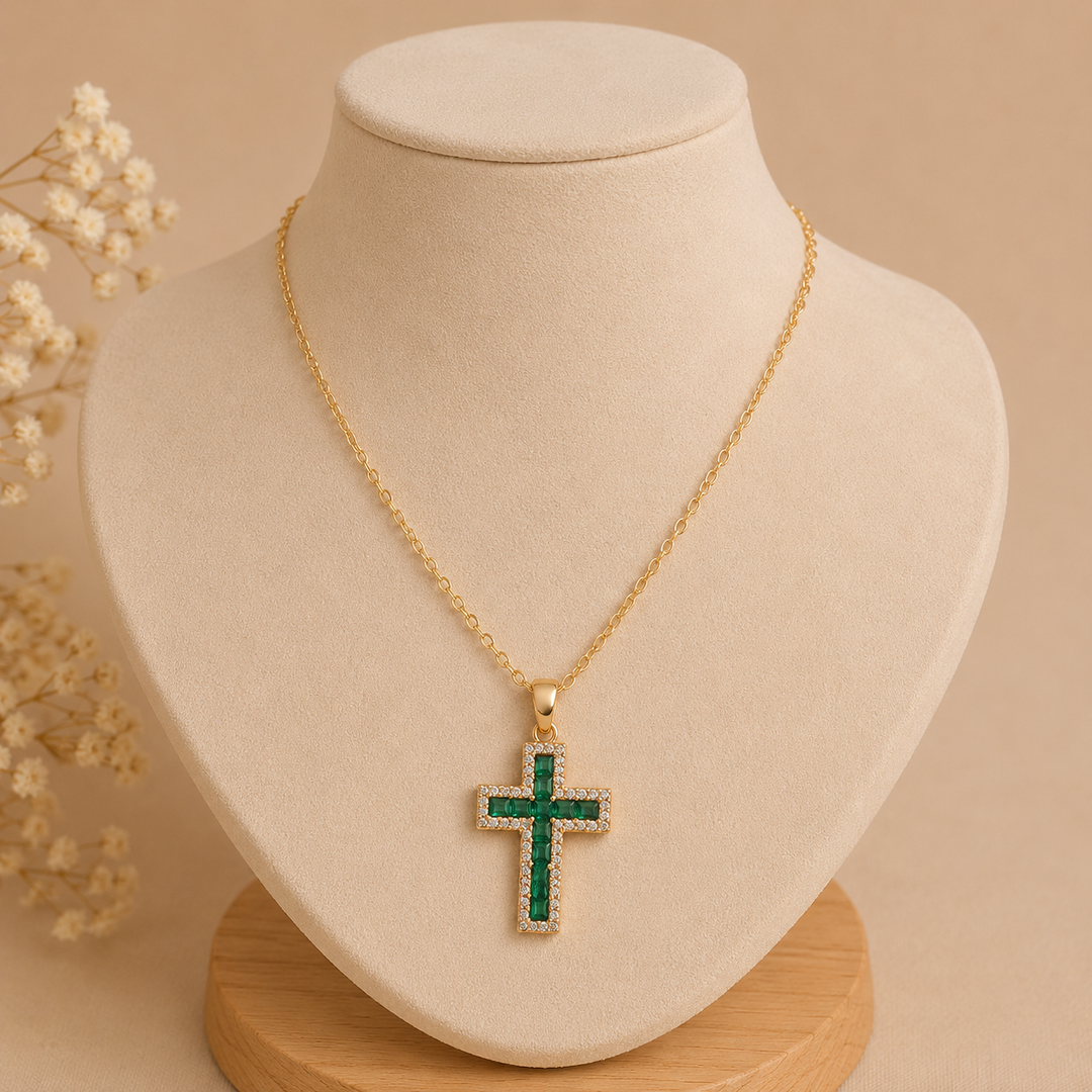 Gold Necklace with Emerald Cross