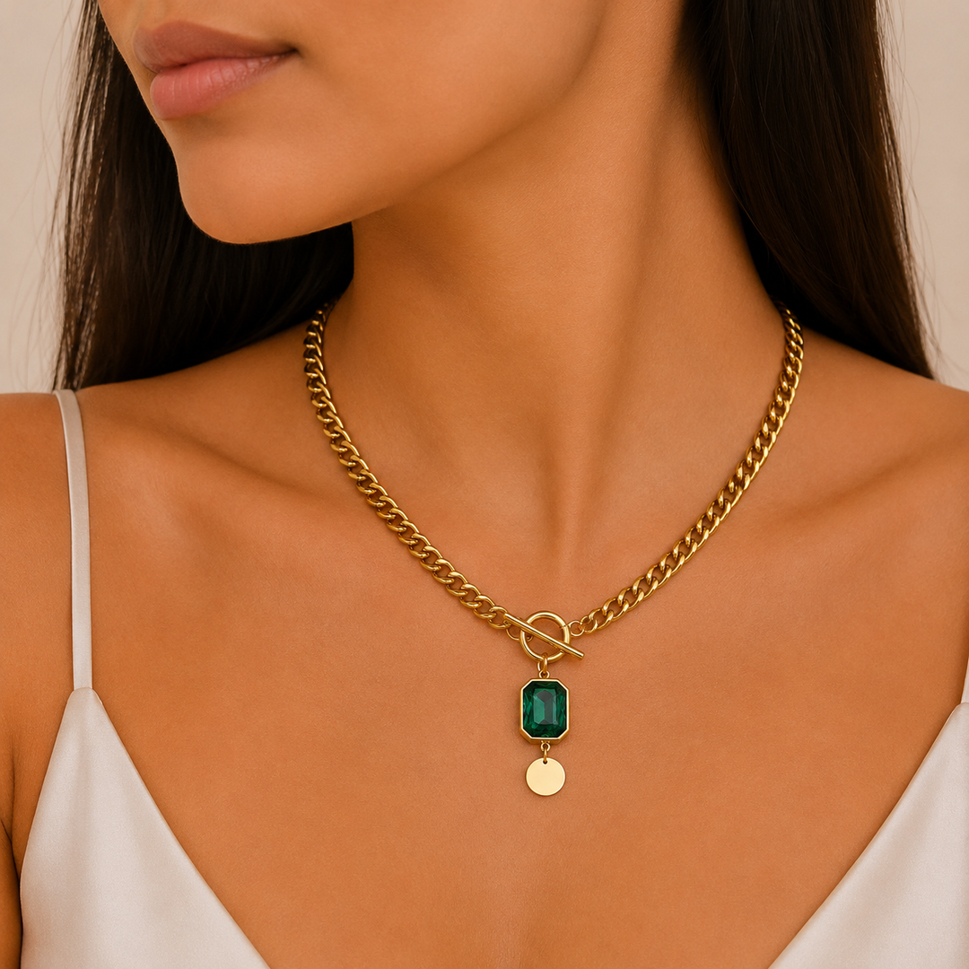 Pentagon Necklace Chain Emerald Thick | Gold