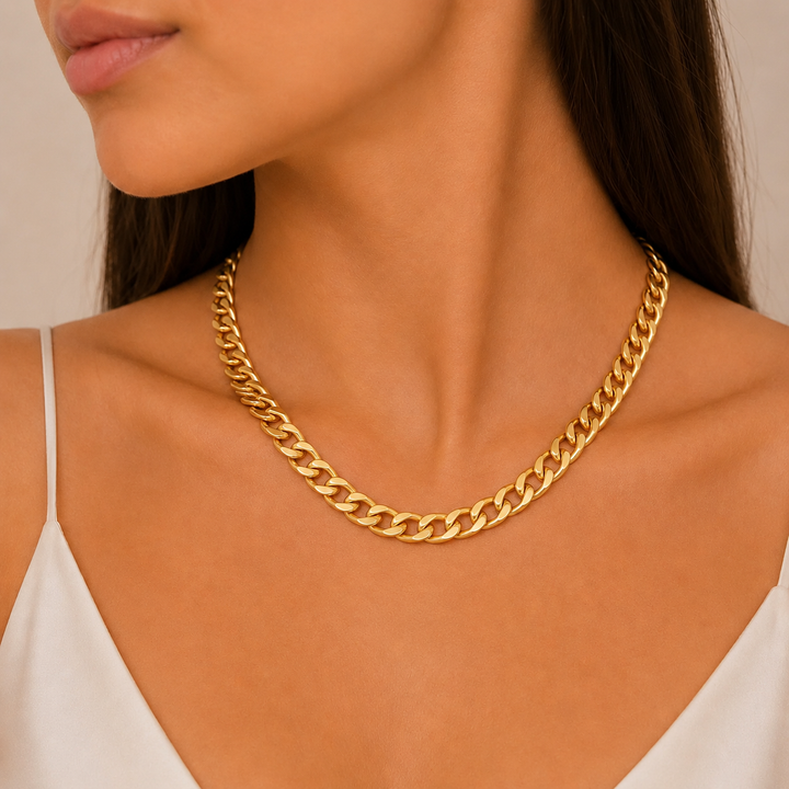 Gold Cuban Style Necklace with Chunky Elements