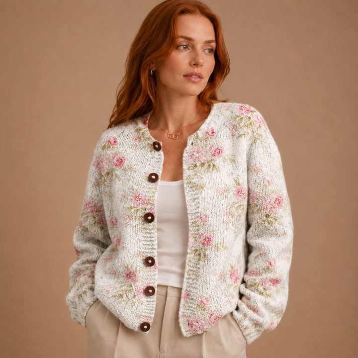 Knitted cardigan with floral and leafy print and buttons
