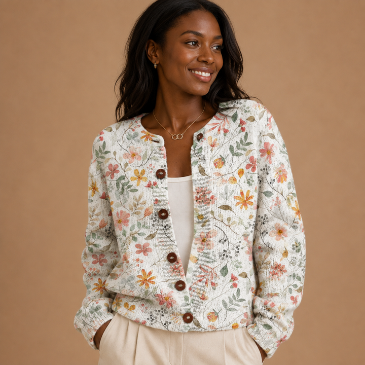 Cardigan with Fresh Floral Pattern and Buttons