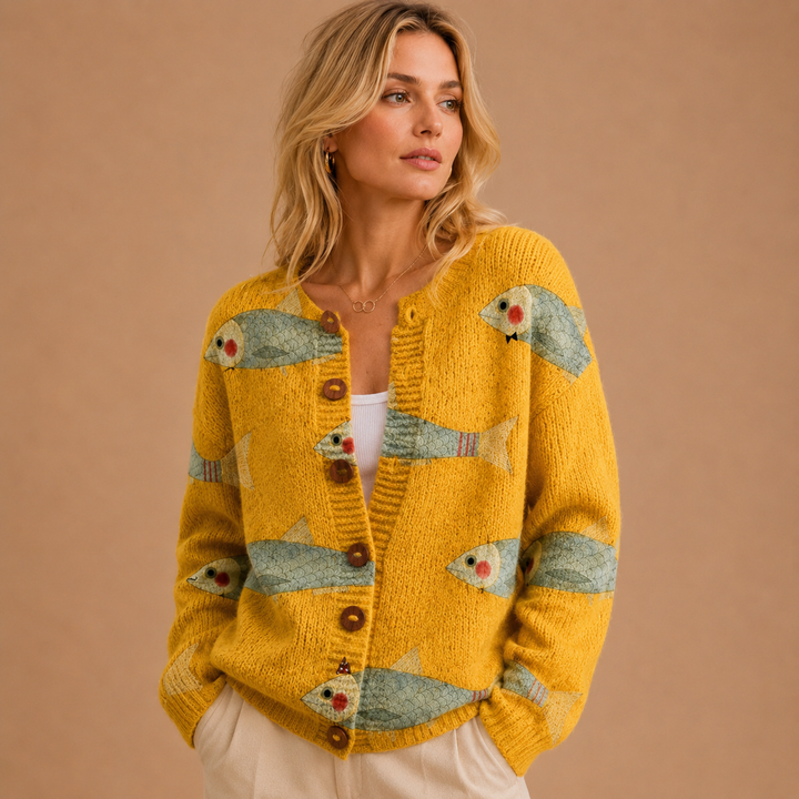 Vintage Knitted Cardigan with Artistic Fish and Sardine Design with Buttons