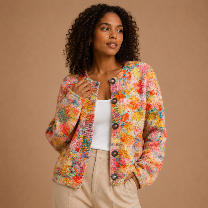 Comfortable Knitted Cardigan with Floral Pattern and Buttons