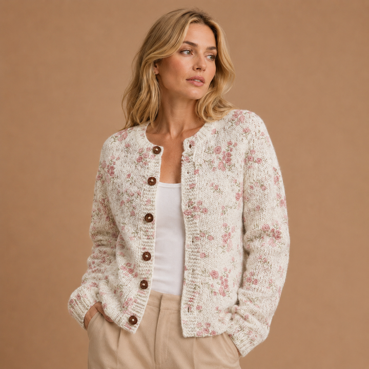 Pink Rose Design Knitted Cardigan with Buttons
