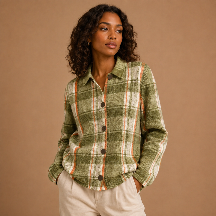 Hazel | Knitted Jacket in Olive Green Check with Buttons