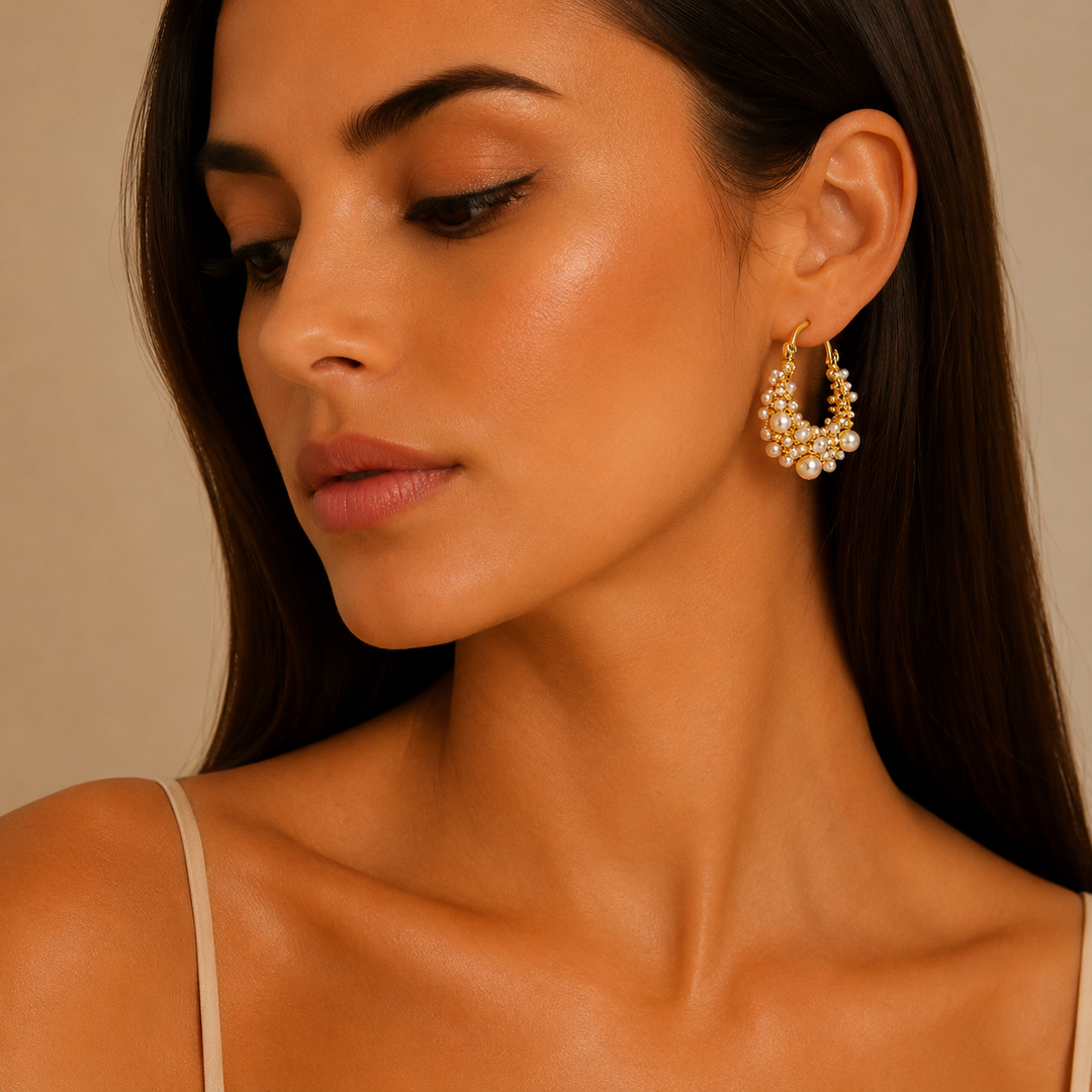 Gold earrings with vintage design and pearls