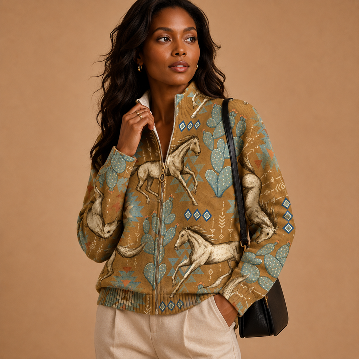 Brigitte | Cardigan with Horse and Cactus Design