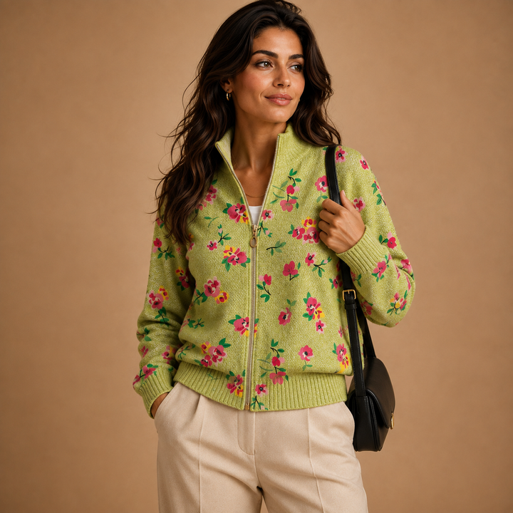Elke | Green Cardigan with Floral Design