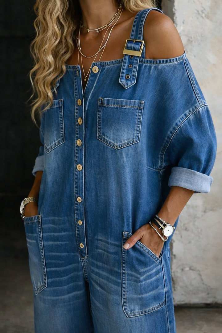 Elsa - Denim Jumpsuit with Off-Shoulder Design