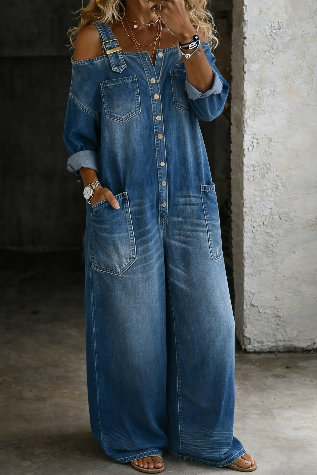 Elsa - Denim Jumpsuit with Off-Shoulder Design