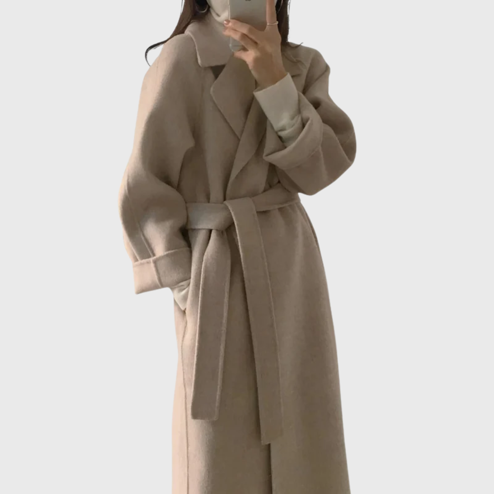 Women's Timeless Wool Blend Long Coat with Adjustable Belt