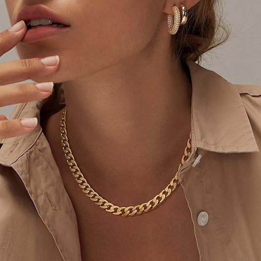 Gold Cuban Style Necklace with Chunky Elements