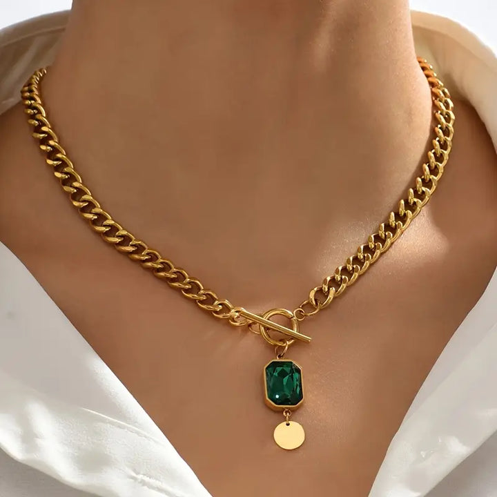 Pentagon Necklace Chain Emerald Thick | Gold