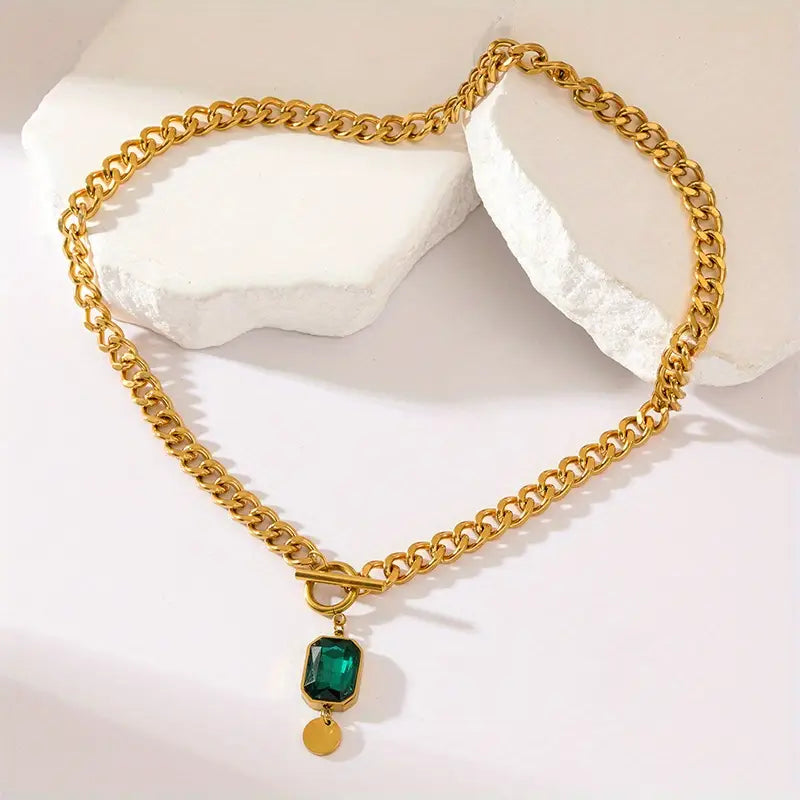Pentagon Necklace Chain Emerald Thick | Gold