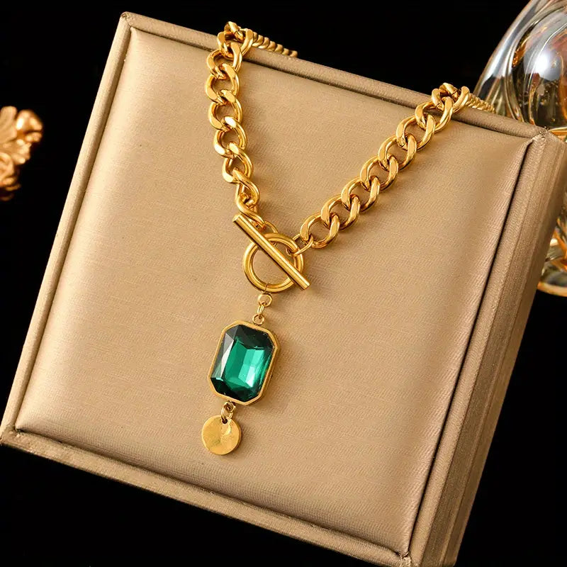 Pentagon Necklace Chain Emerald Thick | Gold