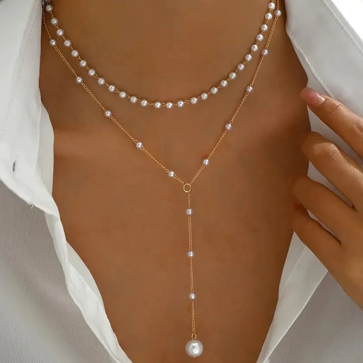 Pearl Necklace with Two Rows and Hanging Elements