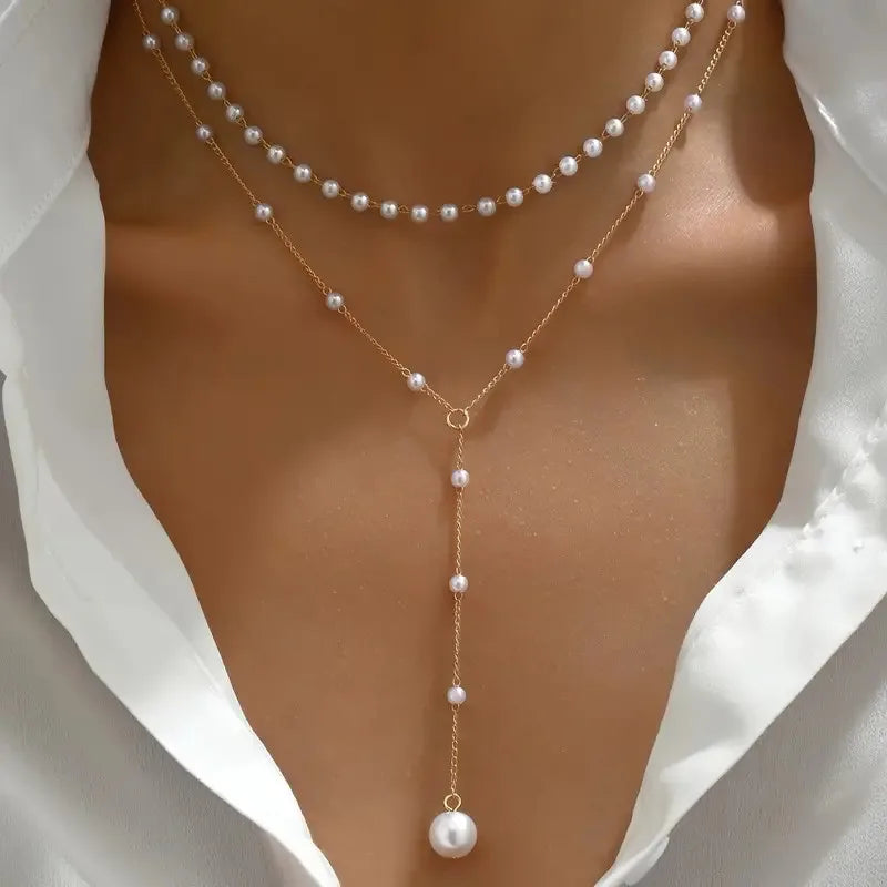 Pearl Necklace with Two Rows and Hanging Elements