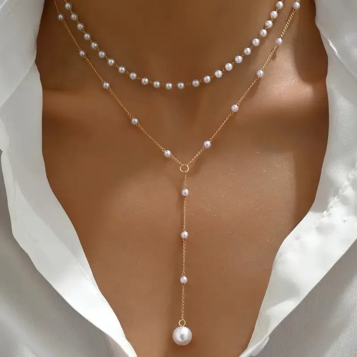 Pearl Necklace with Two Rows and Hanging Elements