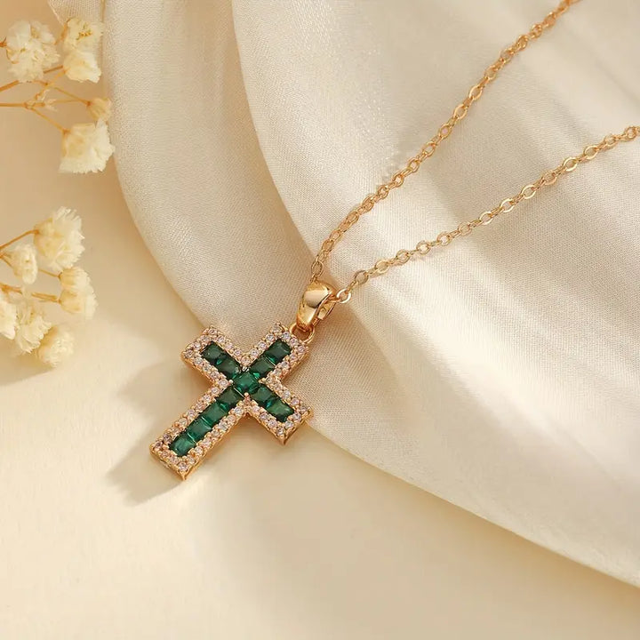 Gold Necklace with Emerald Cross