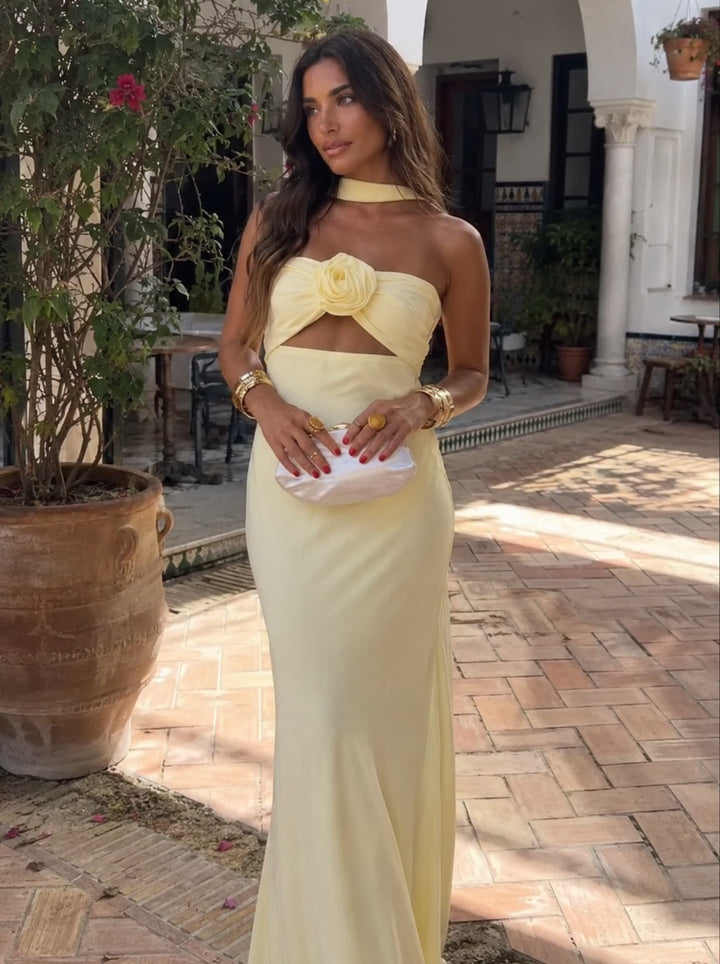 Quarteira - Pink Halter Maxi Dress with Corsage