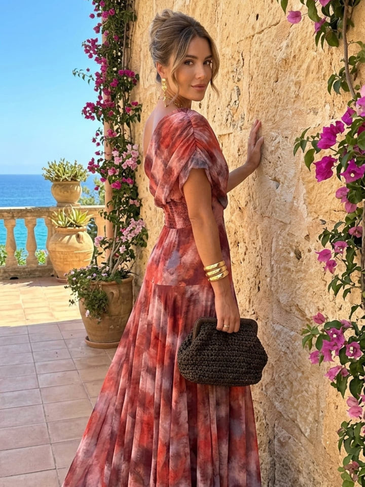 Tavira - Long Dress with Off-Shoulder Straps in Watercolour