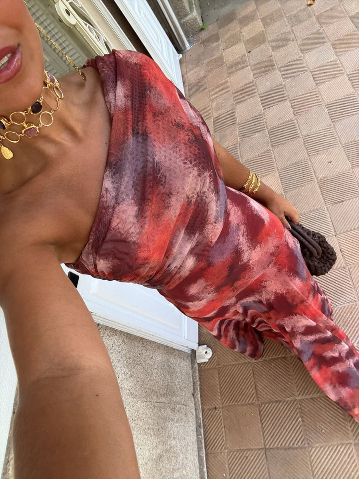 Tavira - Long Dress with Off-Shoulder Straps in Watercolour