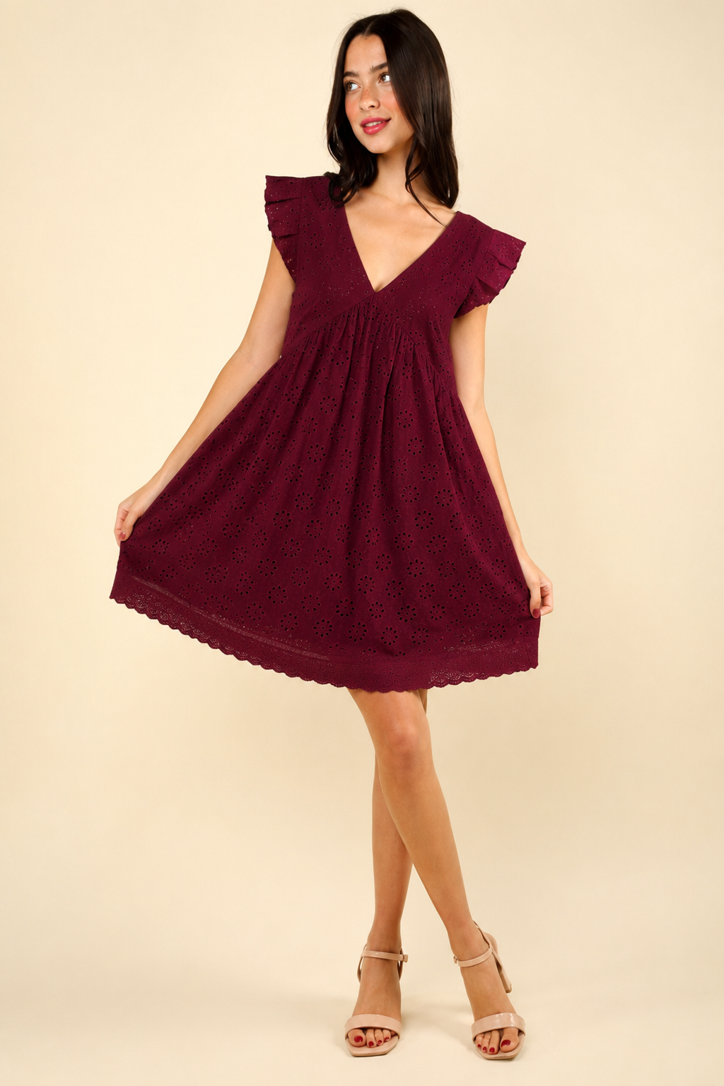 Lucia | Perforated Mini Dress with Ruffled Sleeves