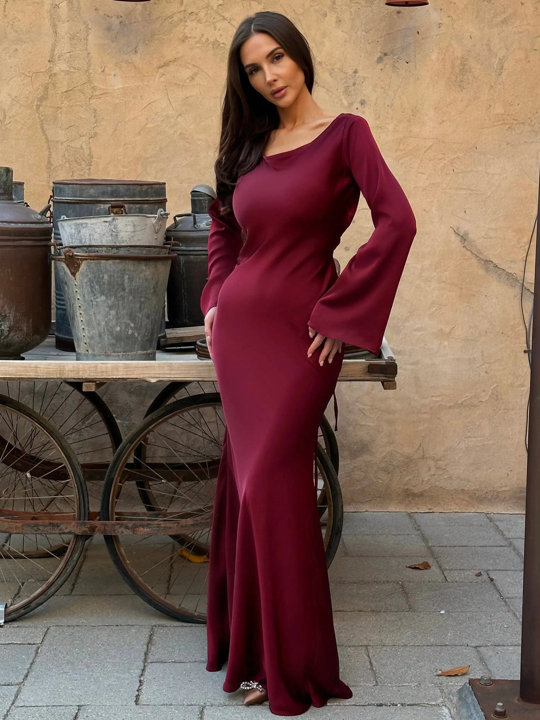 Maxi Satin Dress with Long Sleeves for Weddings