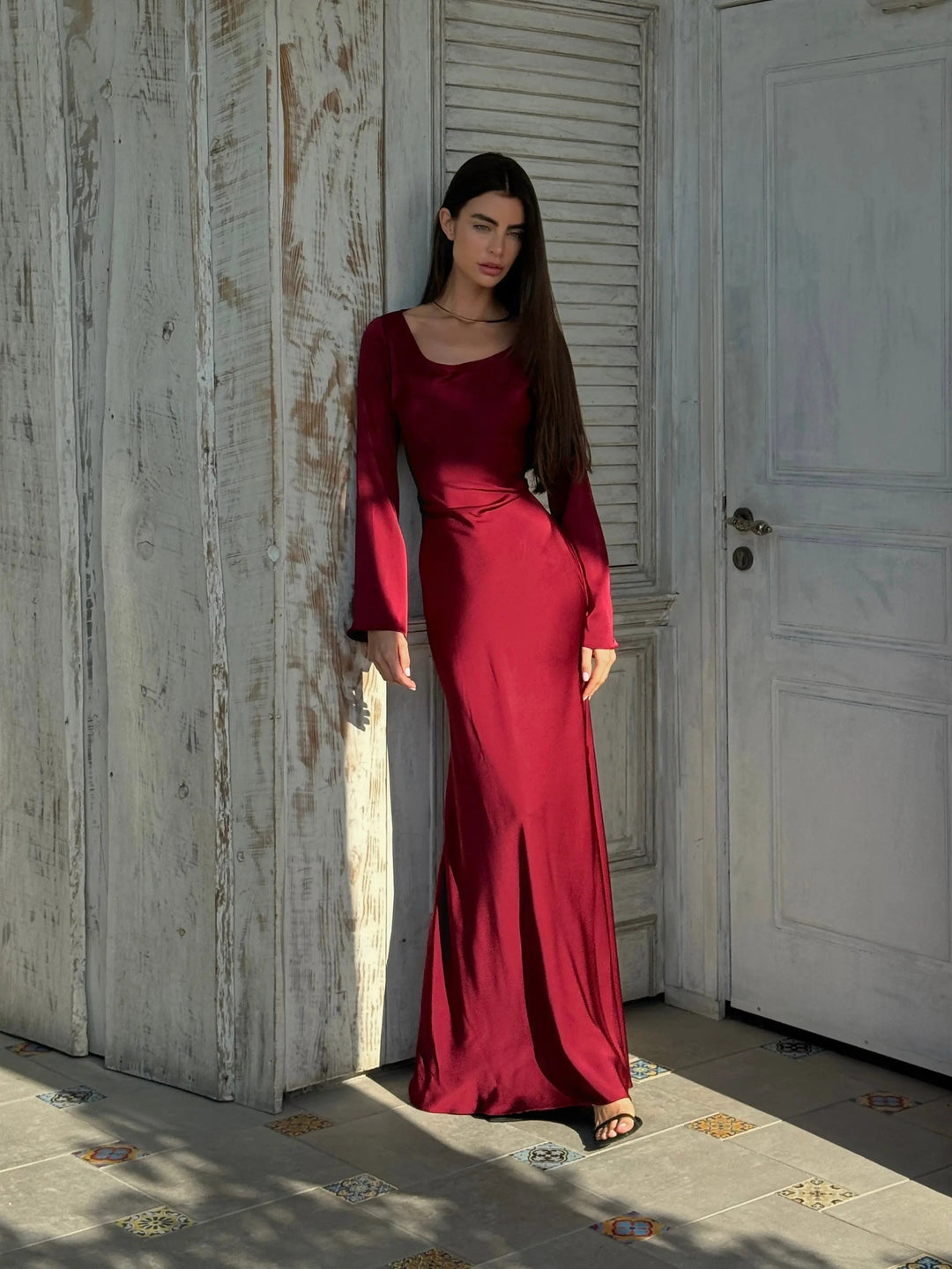 Maxi Satin Dress with Long Sleeves for Weddings