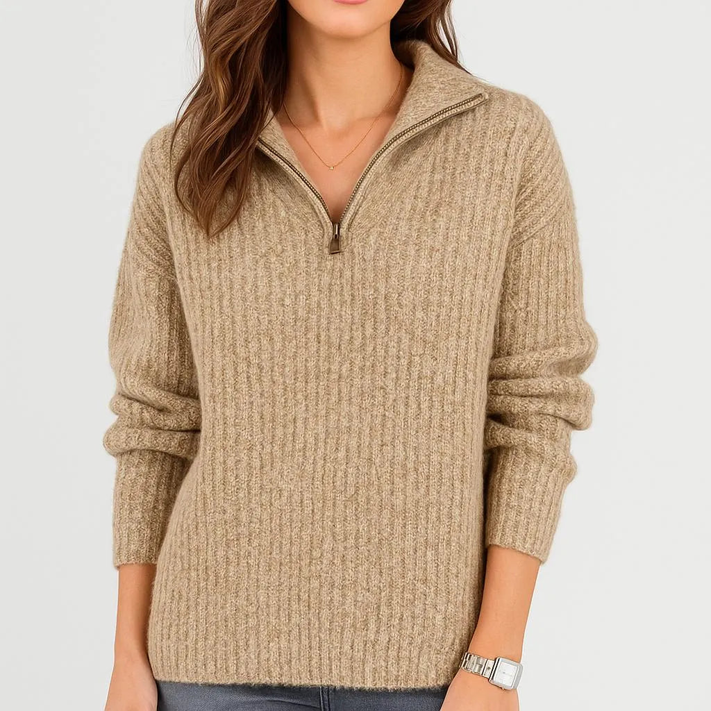 High-Collar Knitted Sweater with Short Zipper