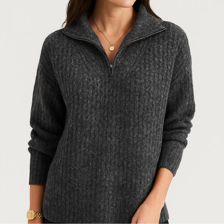 High-Collar Knitted Sweater with Short Zipper