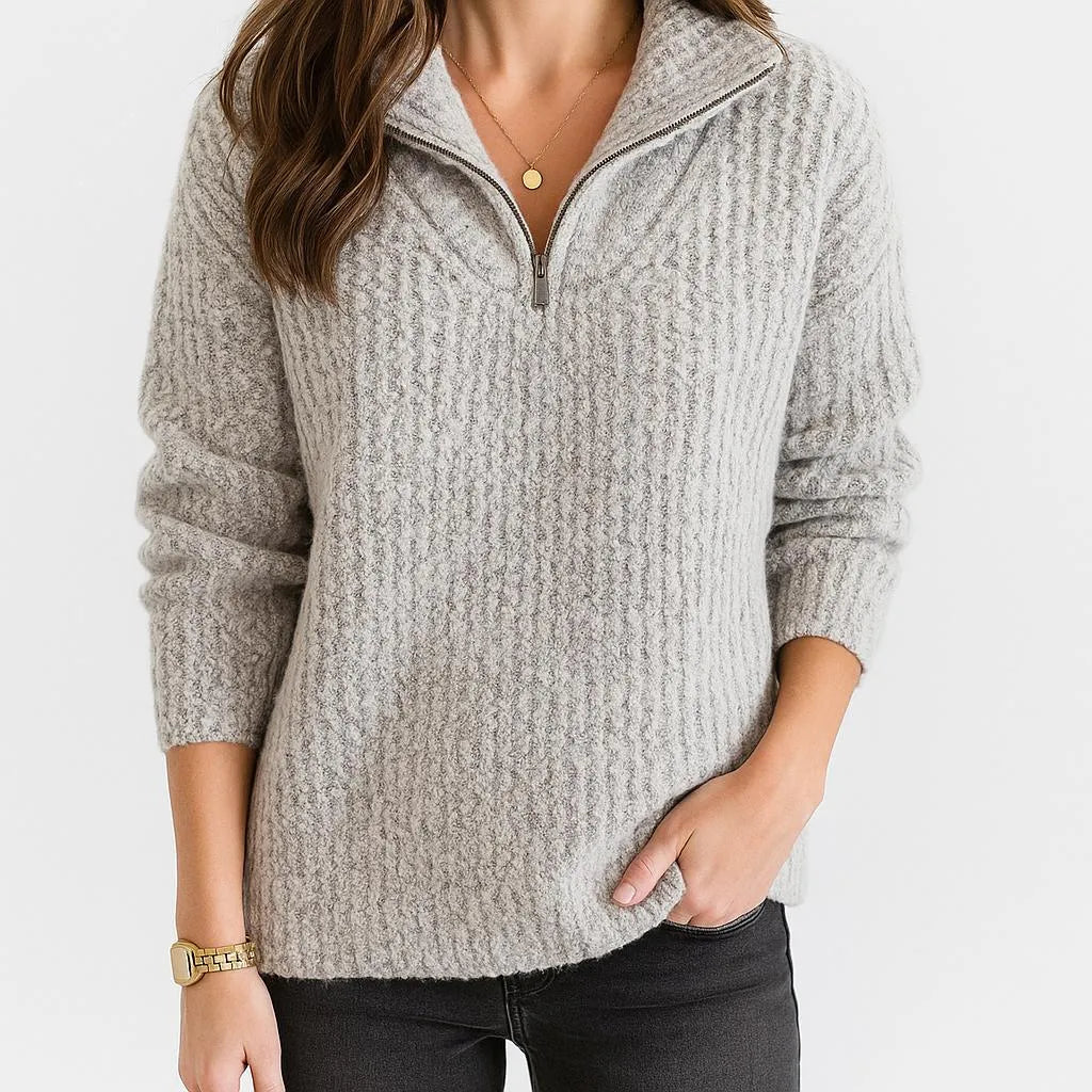 High-Collar Knitted Sweater with Short Zipper