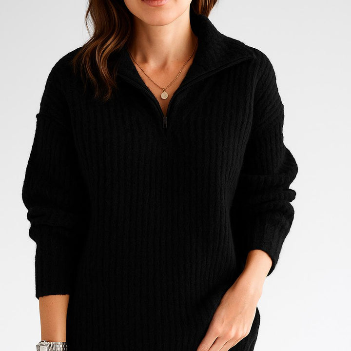 High-Collar Knitted Sweater with Short Zipper