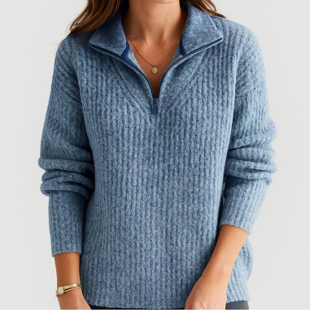 High-Collar Knitted Sweater with Short Zipper